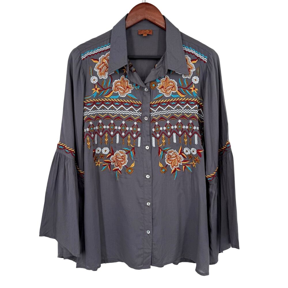 Scully Gray Blouse with Elegant Embroidery